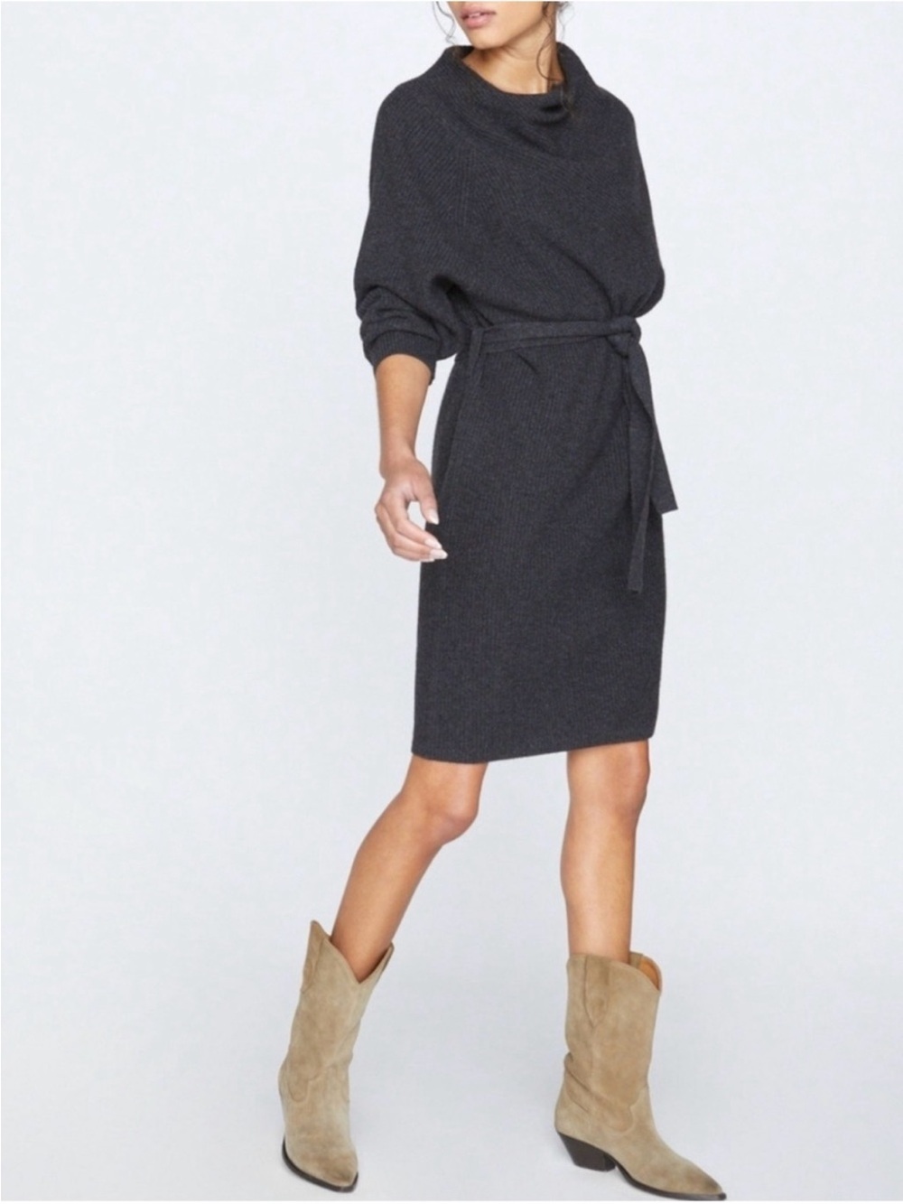 Brochu Walker Leith Belted Dress Small Wool Blend Sweater Tie Waist Charcoal